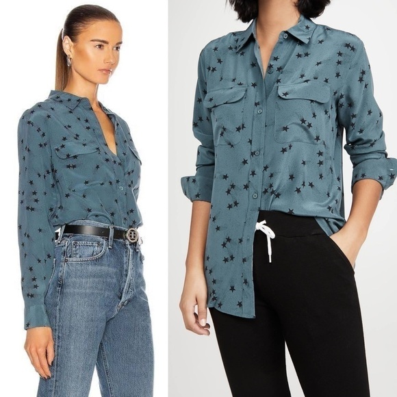 EQUIPMENT FEMME Teal Silk Star Print Long Sleeve Button Up Signature Blouse M - Picture 5 of 16
